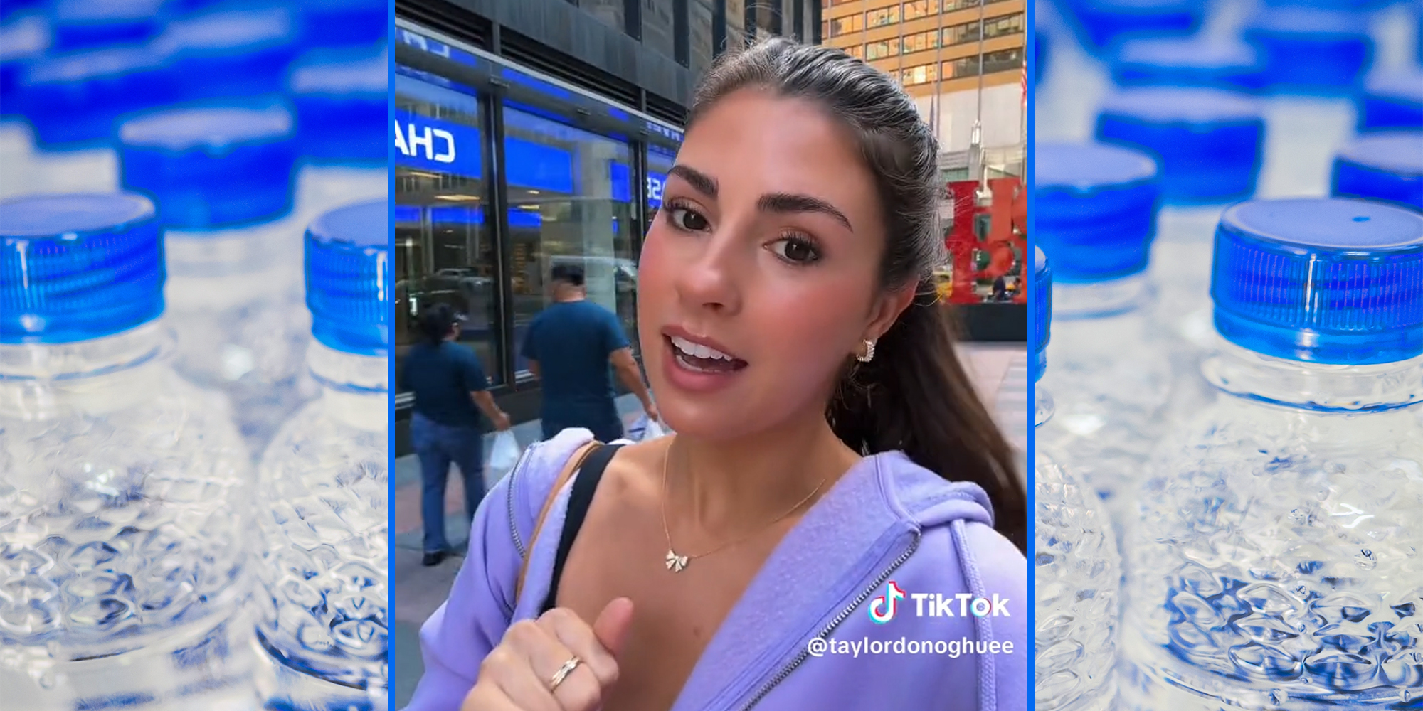 water bottles (l&r) young woman on sidewalk (c)