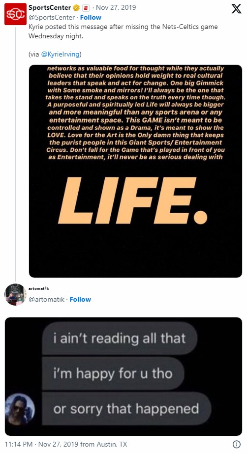 The "I ain't reading all that" meme used in reply to Kyrie Irving's free-thought rant