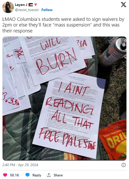 Columbia students send messages to University on letters, including on that reads, "I ain't reading all that, free Palestine"