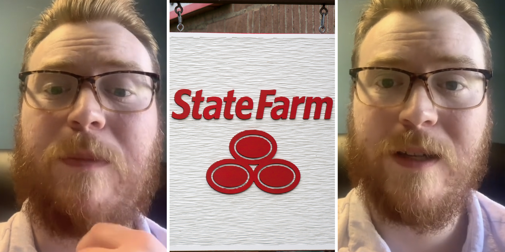 Man talking(l+r), State farm sign(c)