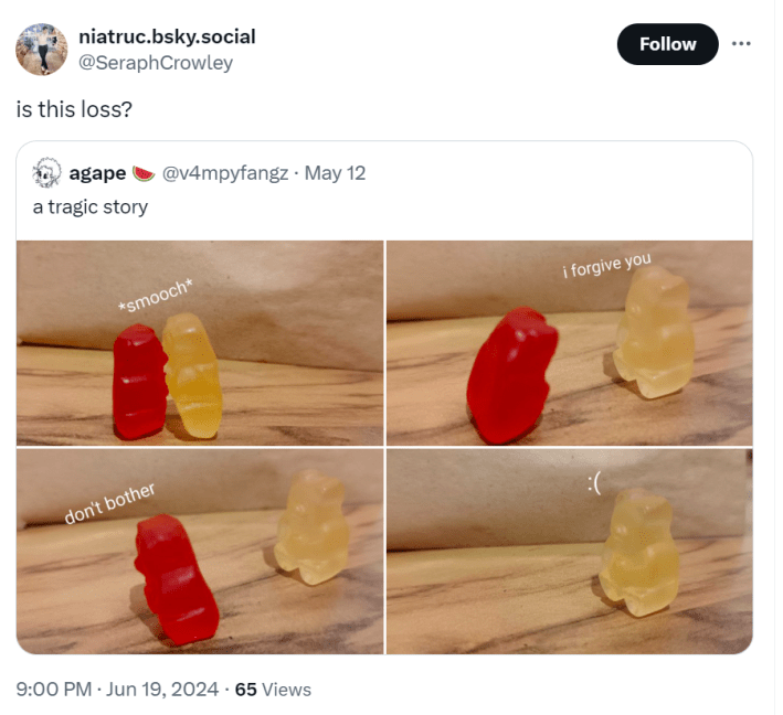 A gummy bear version of the is this loss meme.