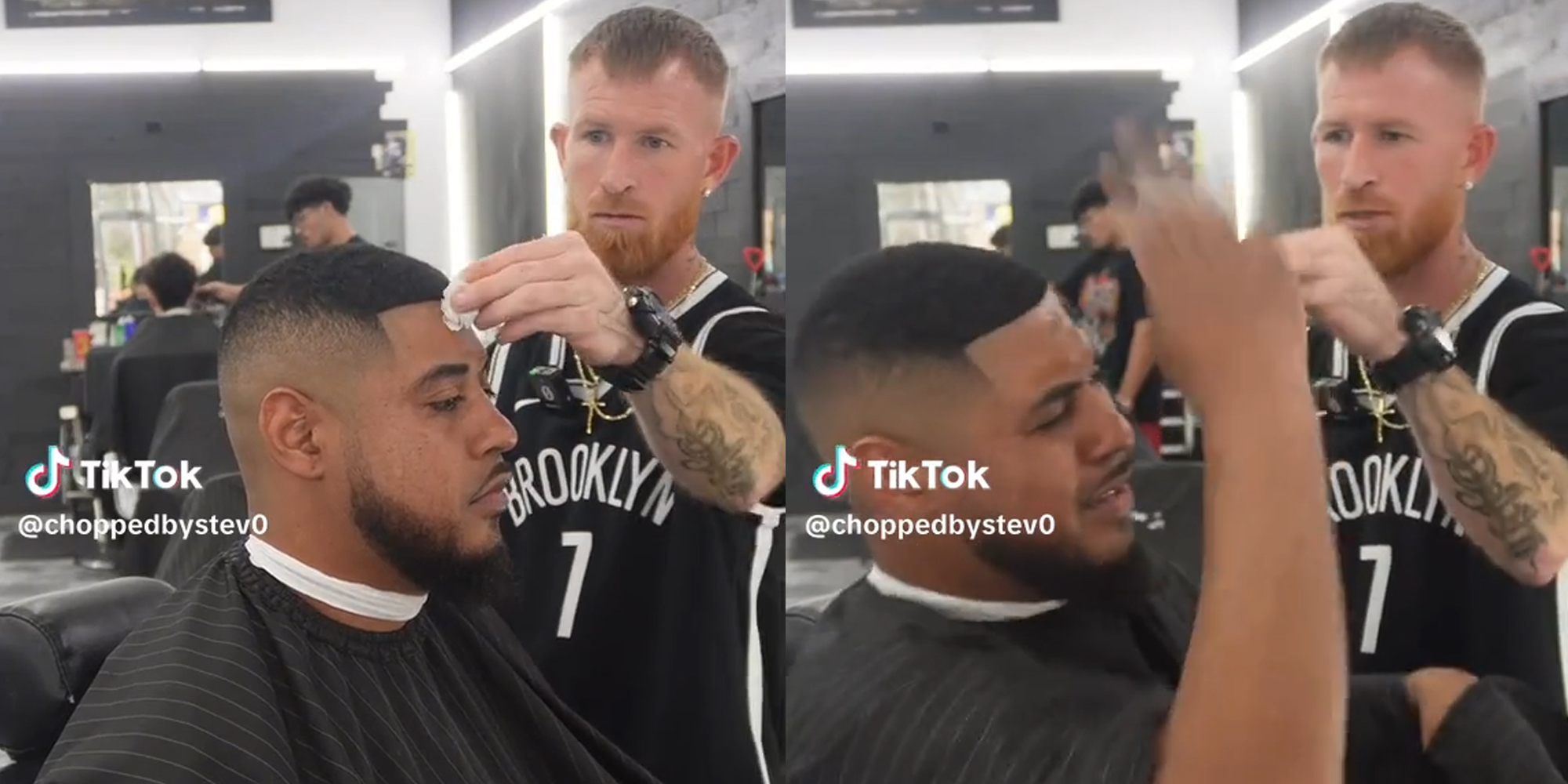 barber putting alcohol wipe on customer's forehead (l) they react by slapping the barber's hand away (r)