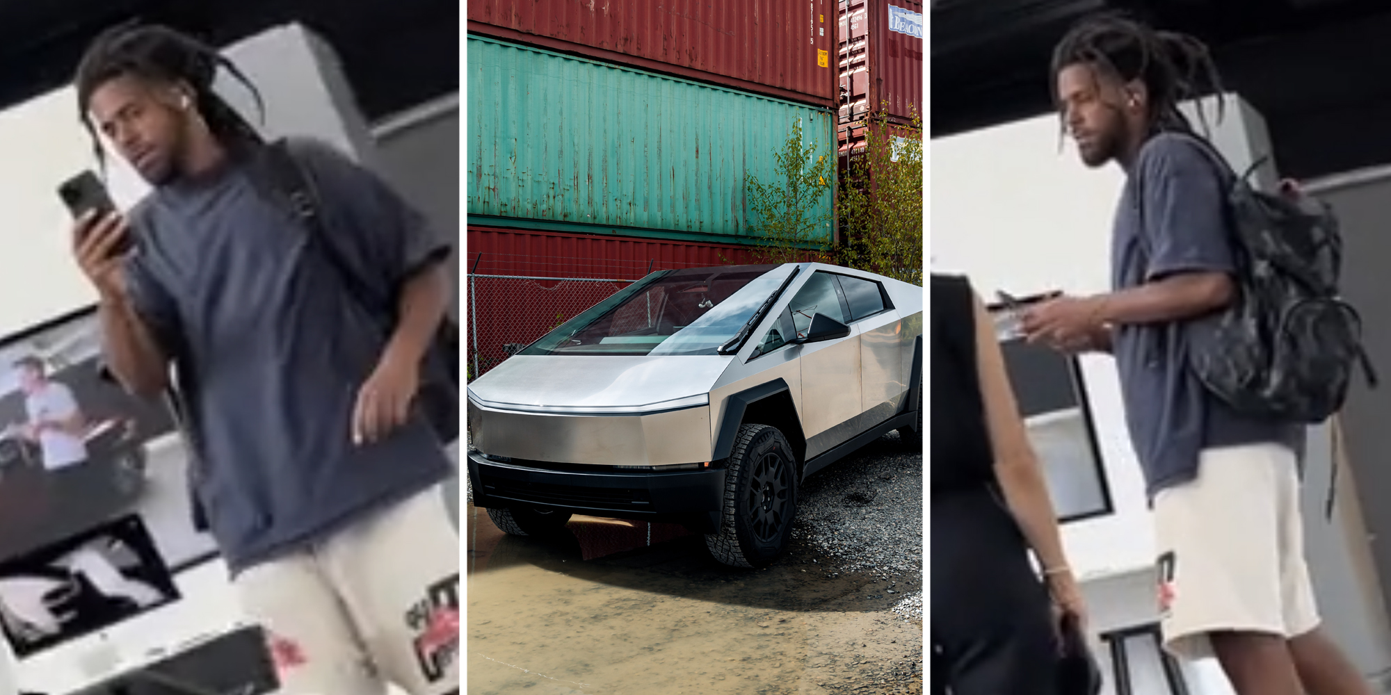 J cole with phone (l+r), Tesla cybertruck(c)