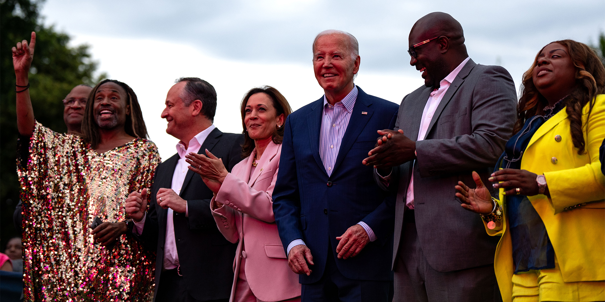 (L-R) Actor Billy Porter, U.S. Second Gentleman Doug Emhoff, Vice President Kamala Harris, President Joe Biden, Philonise Floyd, brother of George Floyd, and his wife Keeta Floyd attend a Juneteenth concert on the South Lawn of the White House on June 10, 2024 in Washington, DC. President Joe Biden In 2021 signed legislation establishing as a Federal holiday Juneteenth, which commemorates the ending of slavery in the United States. (Photo by Kent Nishimura/Getty Images)