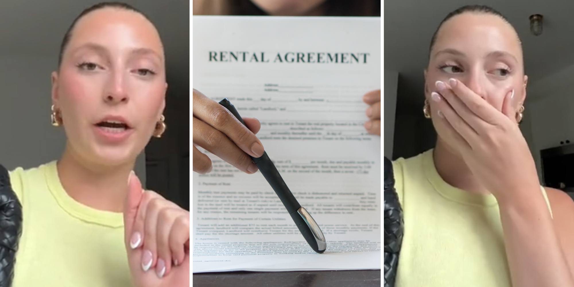 Woman talking(l+r), Rental contract(c)