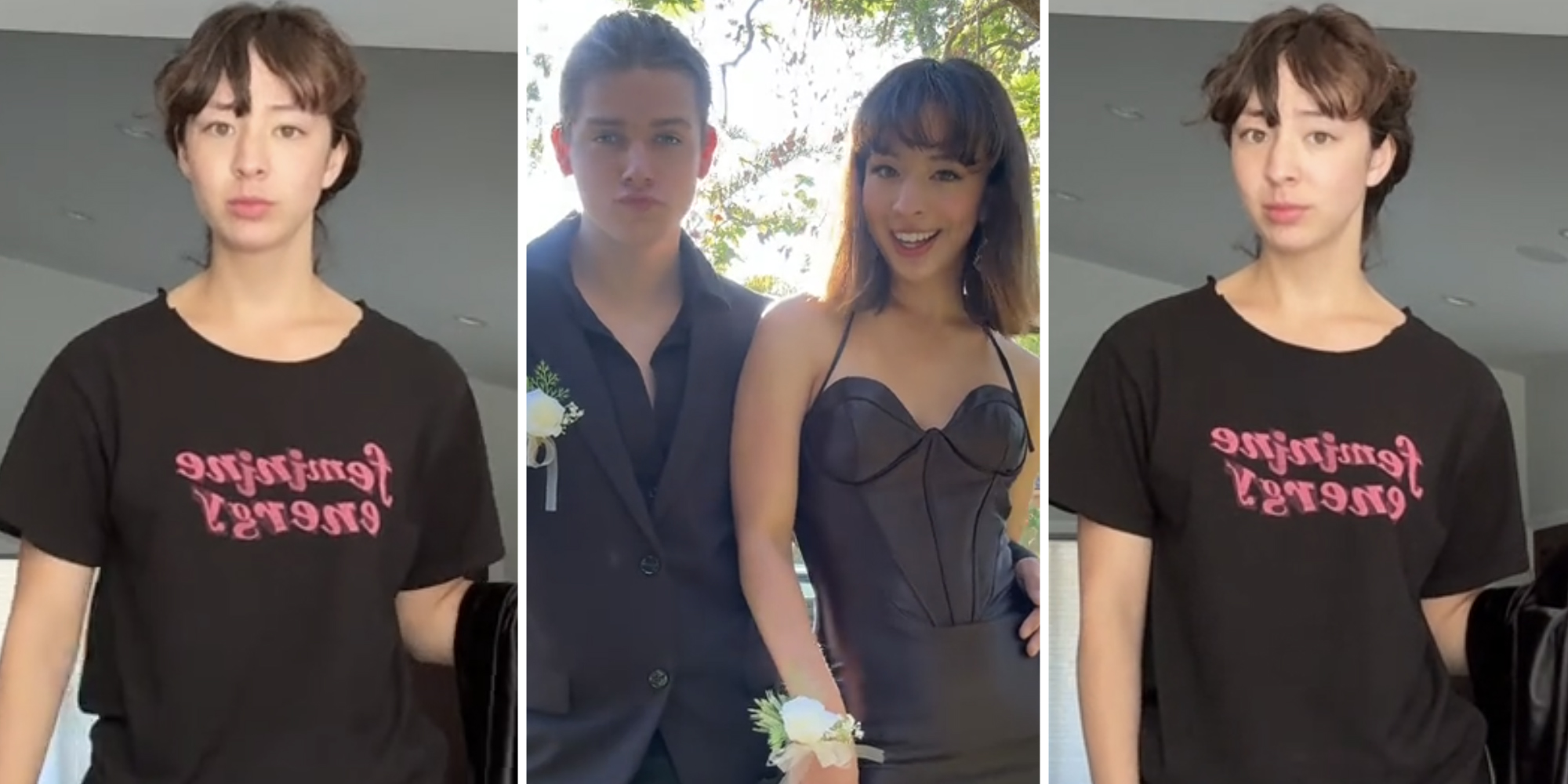 Lily from modern family in t-shirt(l+r), Lily with her date in her prom dress(c)
