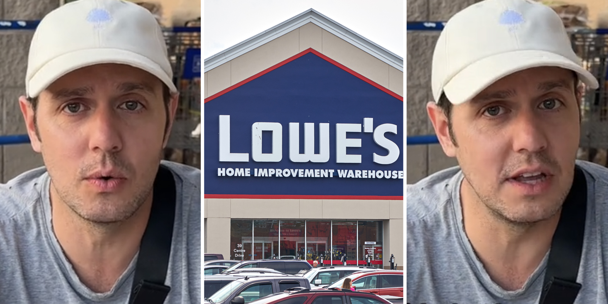 Man talking(L+r), Lowe's store(c)