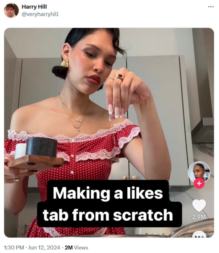 making x from scratch nara smith meme that reads "making a likes tab from scratch"