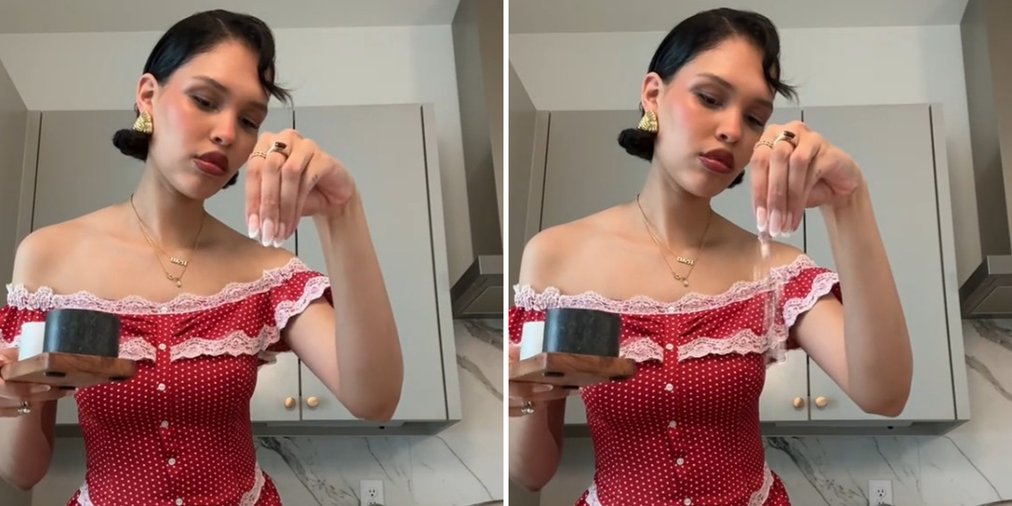 woman in kitchen dropping ingredients from hand