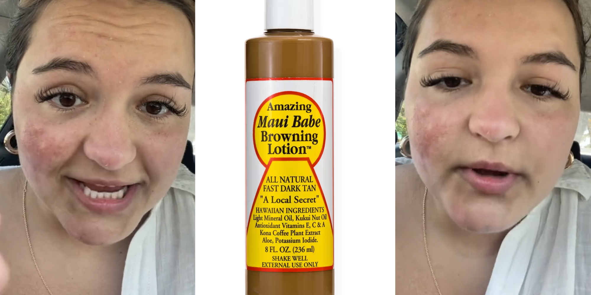 Woman talking(l+r), maui babe browning lotion(C)