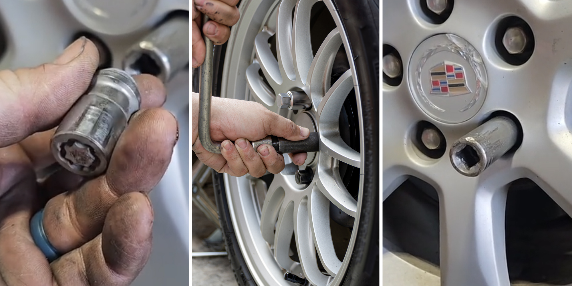 Mechanic holding item(l), Hands changing tire(c), Tire with thing in it(r)
