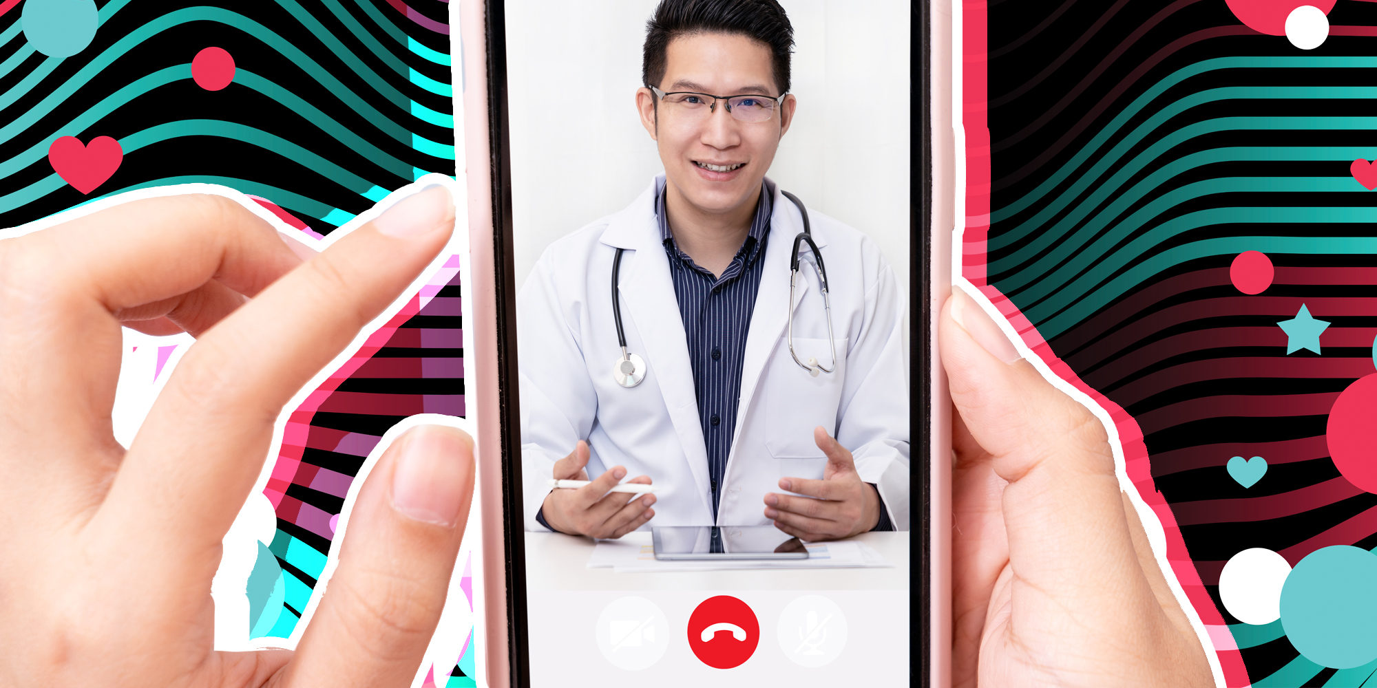 Hands holding phone with doctor talking and tiktok inspired background