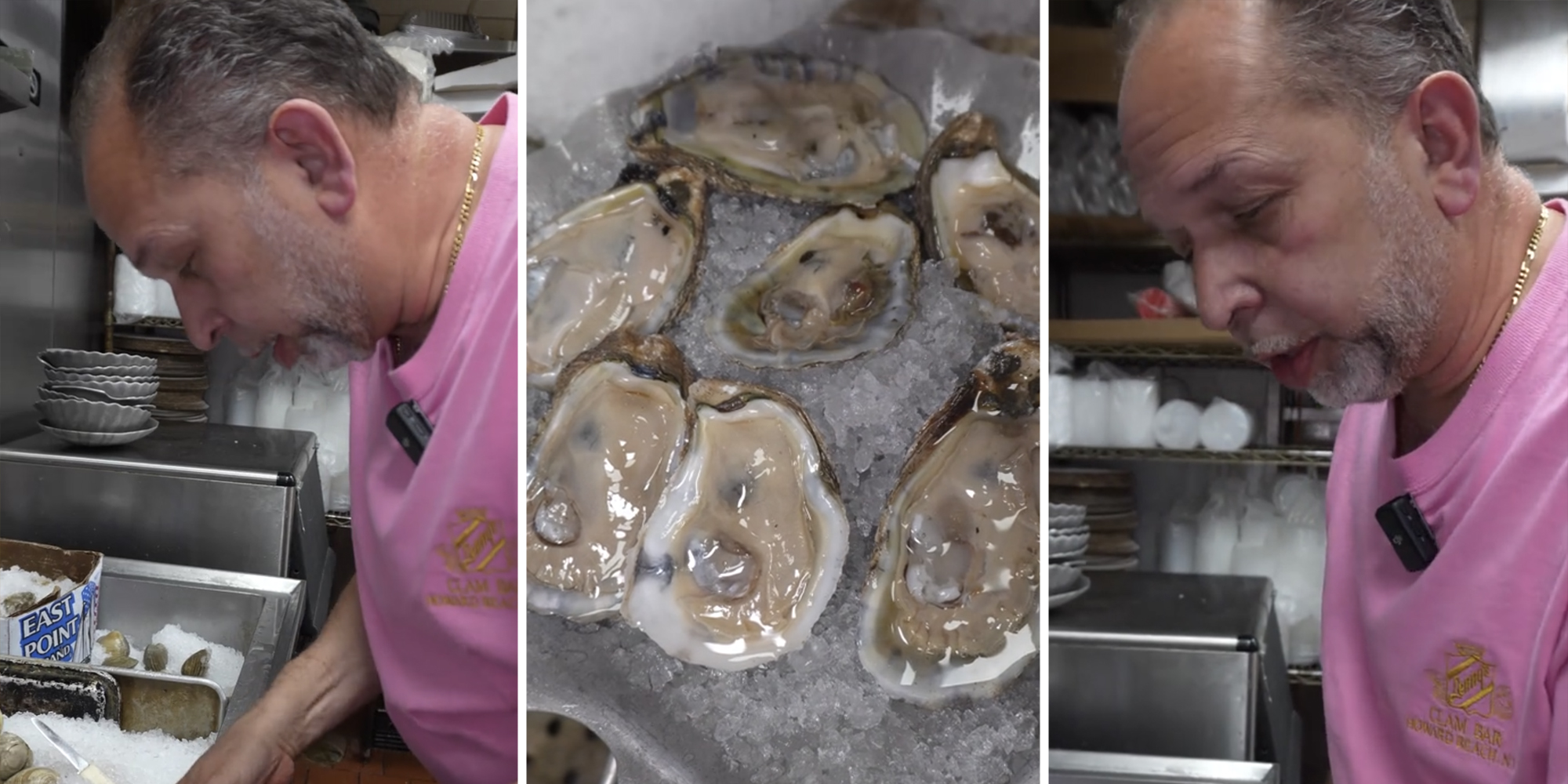 Man making food(l+r), Plate of oysters(c)
