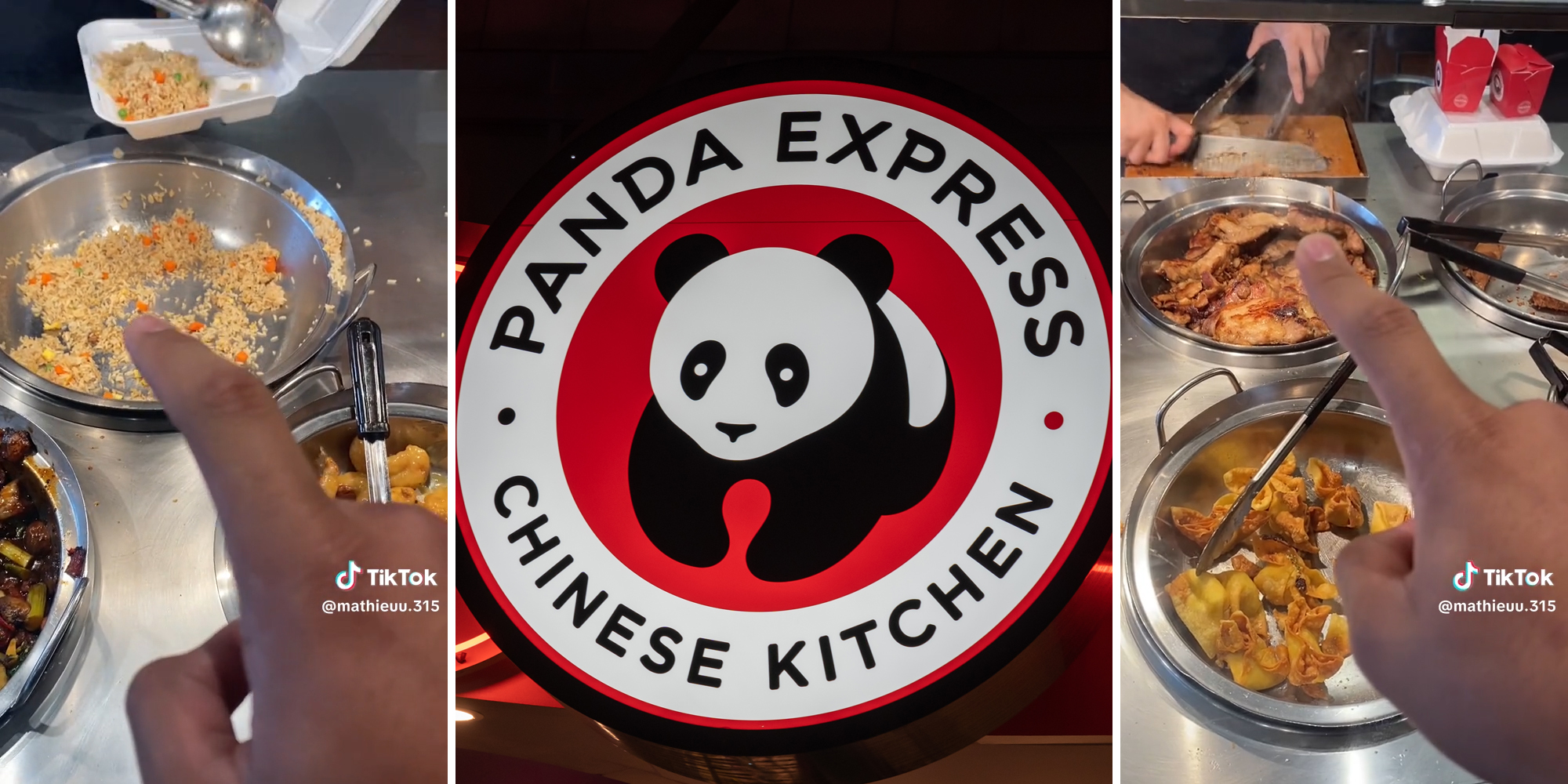 man pointing at rice bowl (l) Panda Express Chinese Kitchen sign (c) man pointing at meat in bowl (r)