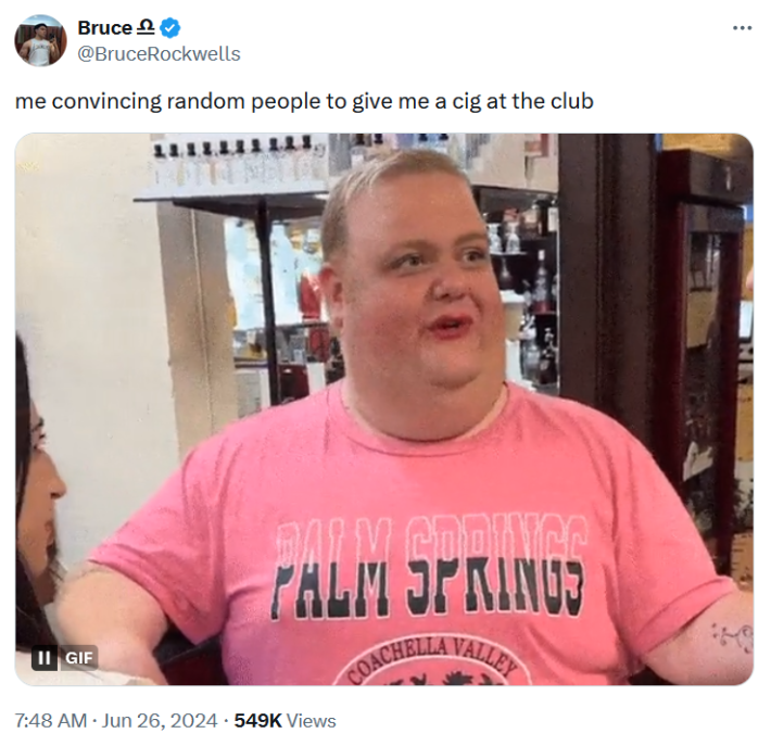 pink palm springs shirt diva alongside caption that reads: "me convincing random people to give me a cig at the club"