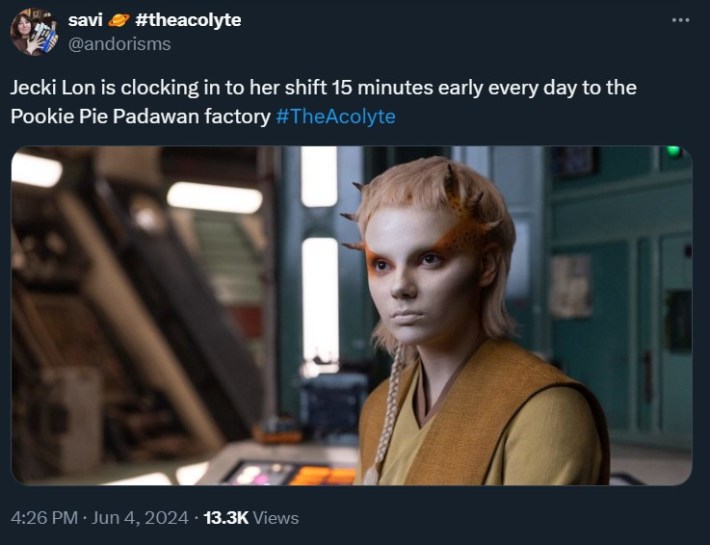 Jecki Lon from "The Acolyte" in a sweet with the caption "Jecki Lon is clocking in to her shift 15 minutes early every day to the Pookie Pie Padawan factory #TheAcolyte"
