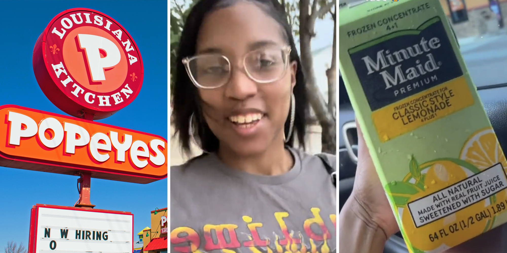 Popeyes sign(l), Woman talking(c), Frozen lemonade(r)