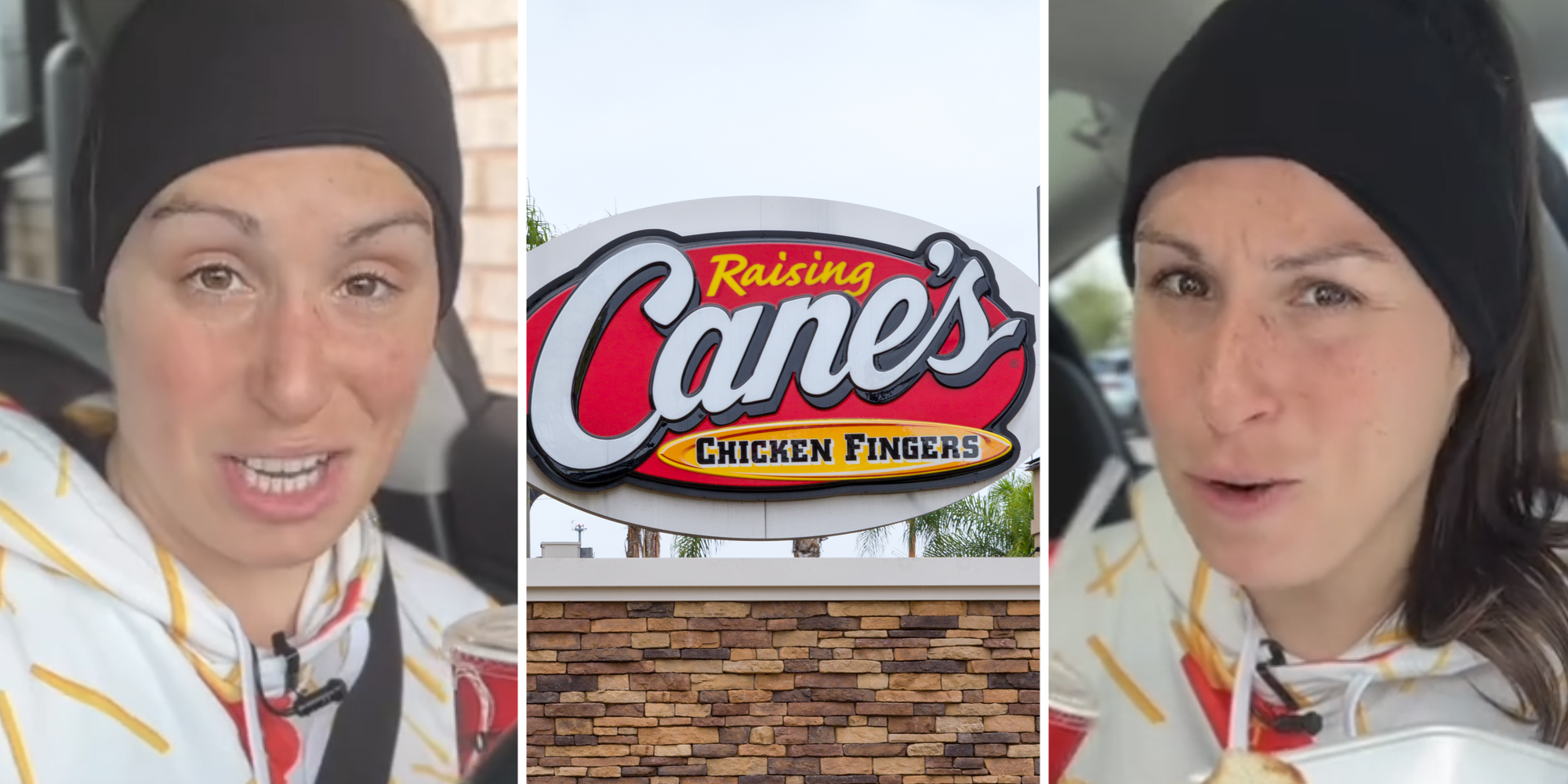 Woman talking(l+r), Raising Cane's sign(c)