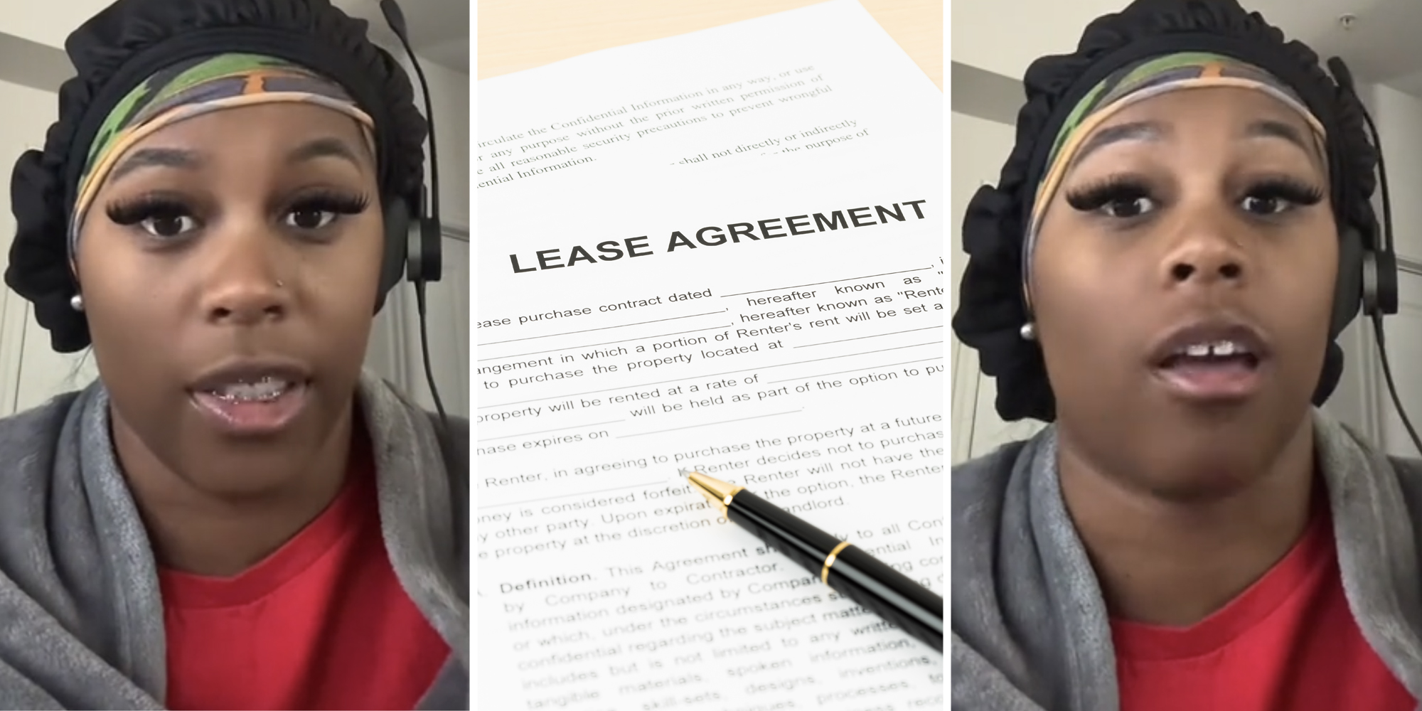 Woman talking(l+r), Lease agreement(c)