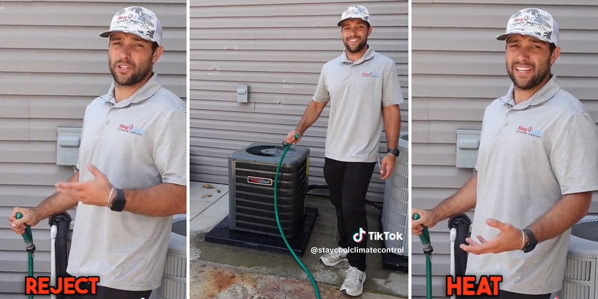 man with garden hose and caption "reject" (l) man with hose near air conditioner unit (c) man with garden hose and caption "heat" (r)