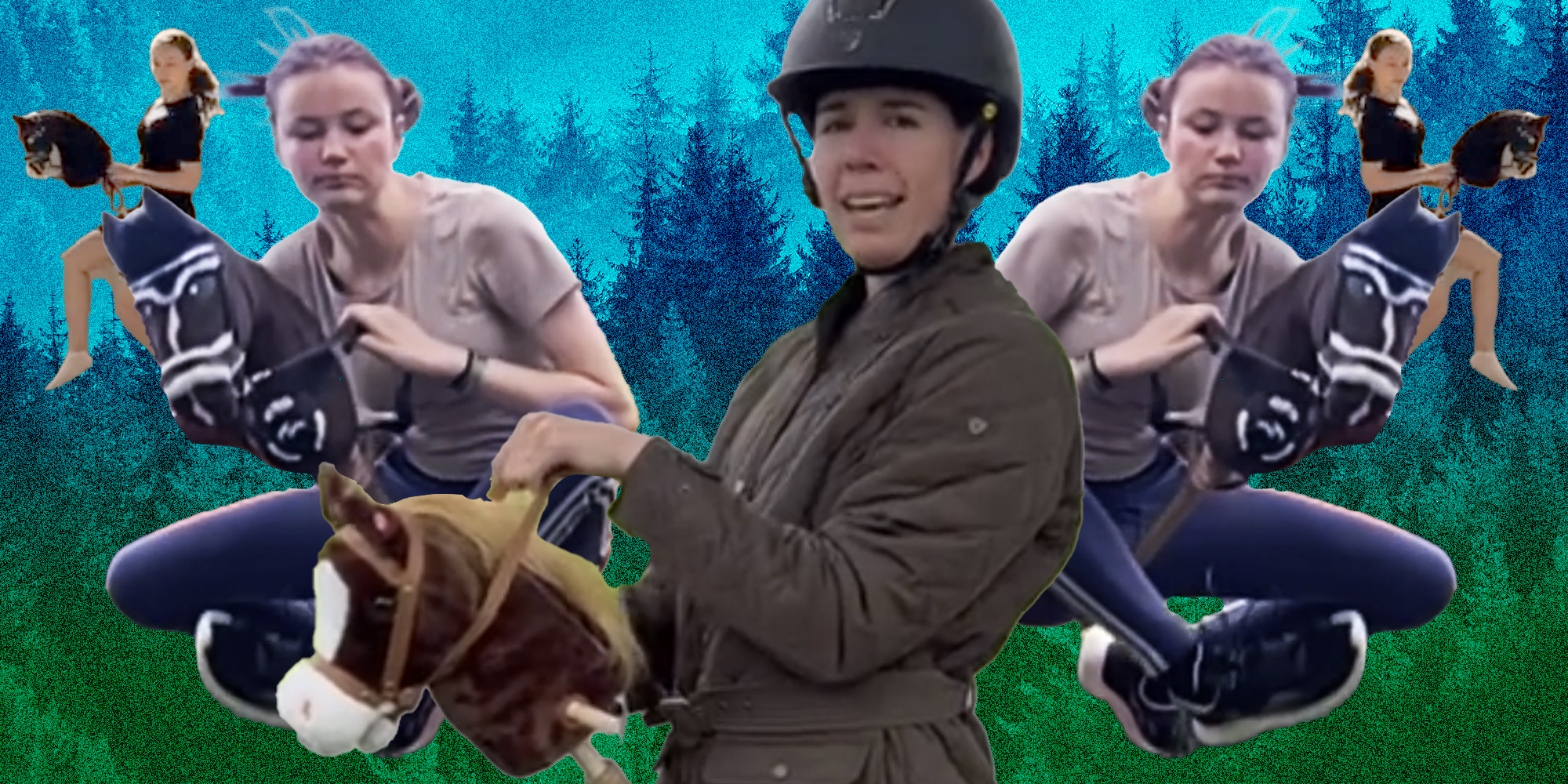 Forest background with three woman doing hobby horsing over it