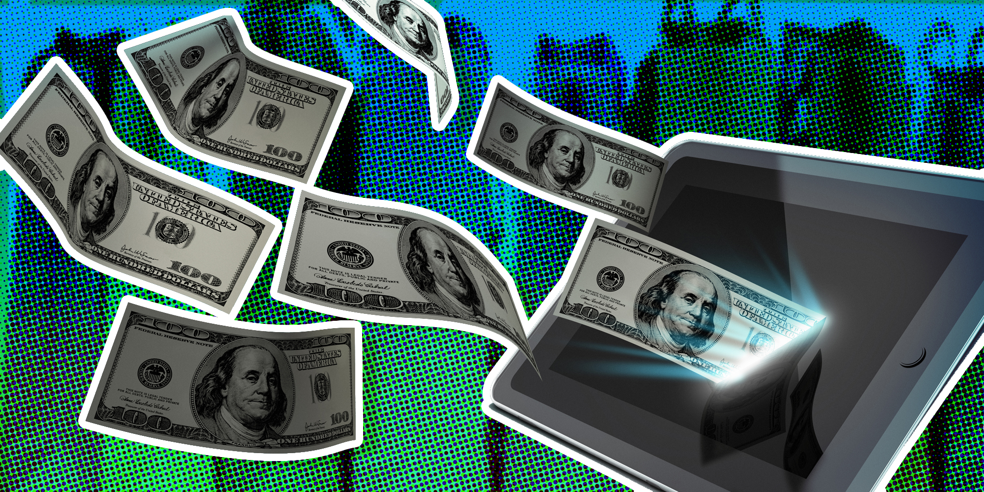 Money flowing into ipad with shopping bags in the background