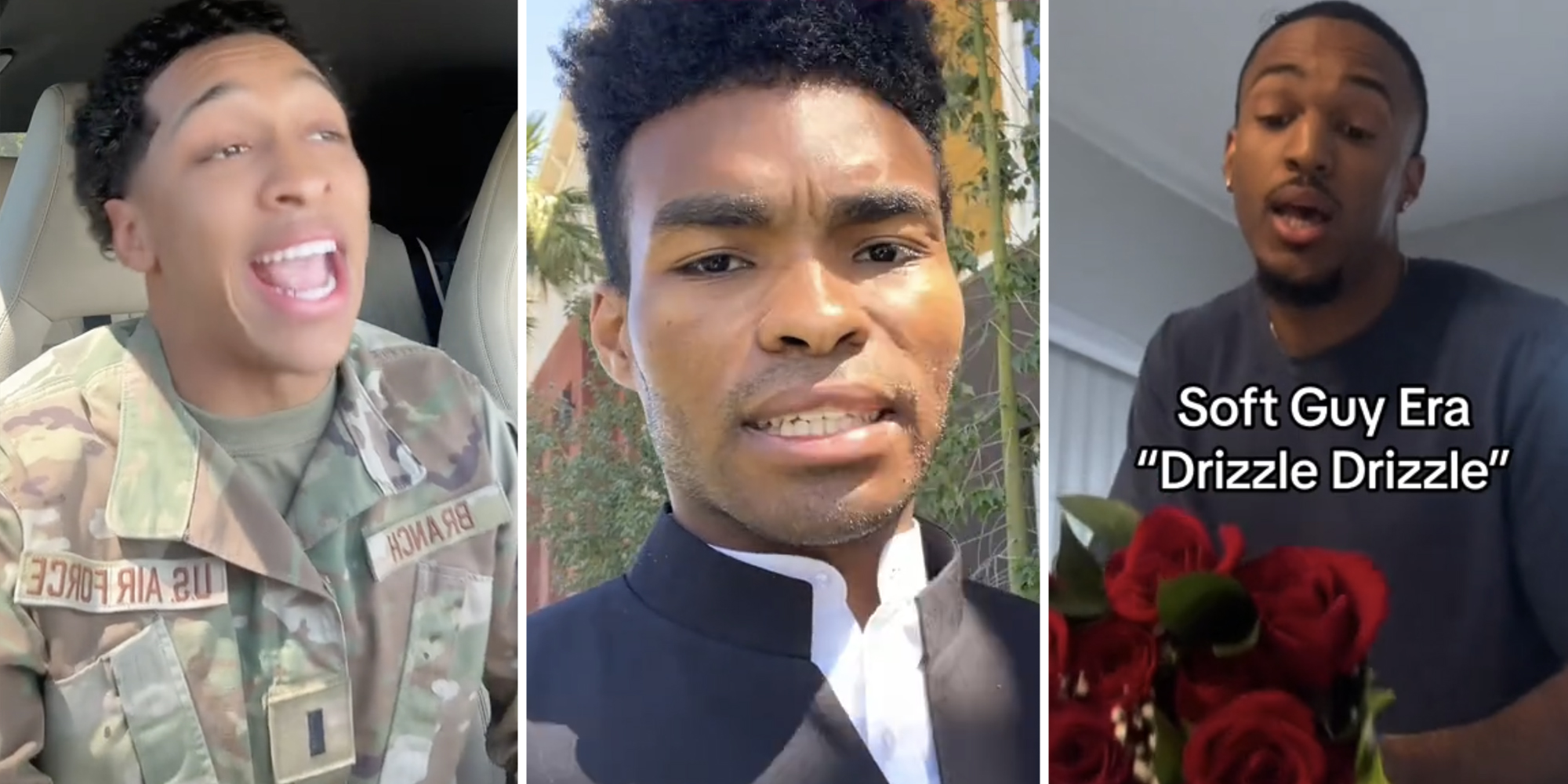 Man 1 talking(L), Man 2 talking(c), Man 3 talking with roses(r)