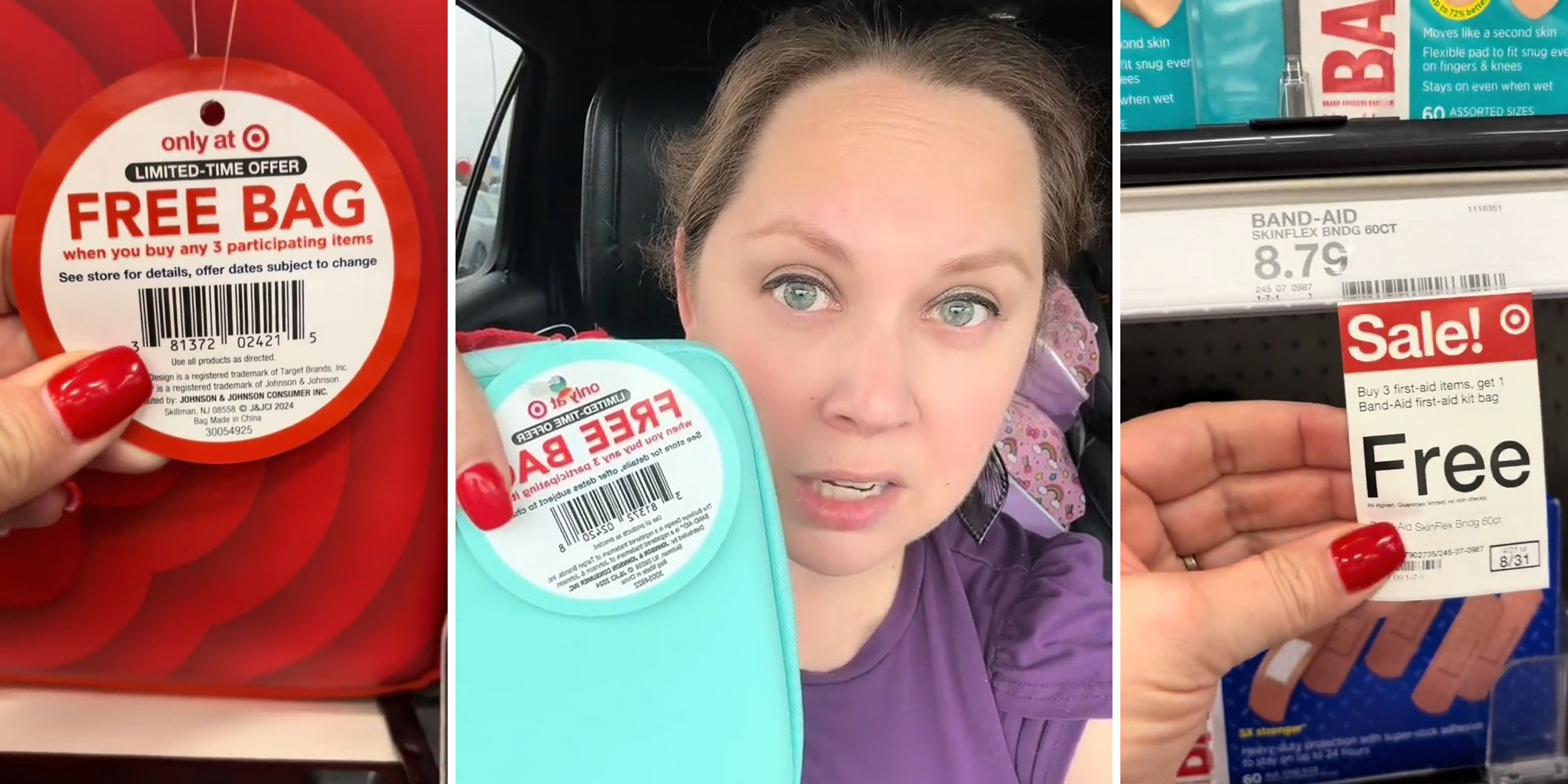 FREE BAG sticker (l) woman in car holding bag with FREE BAG sticker (c) hand holding Target "Sale!" sign indicating Buy 3 items get bag free (r)