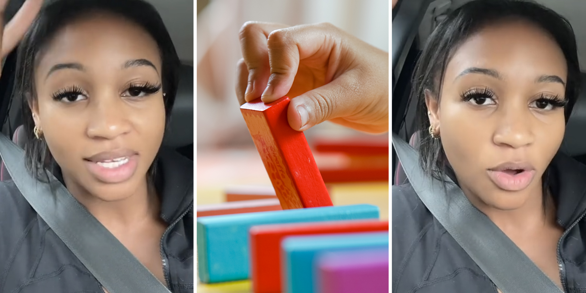 Woman talking(l+r), Toddler hand playing with blocks(c)