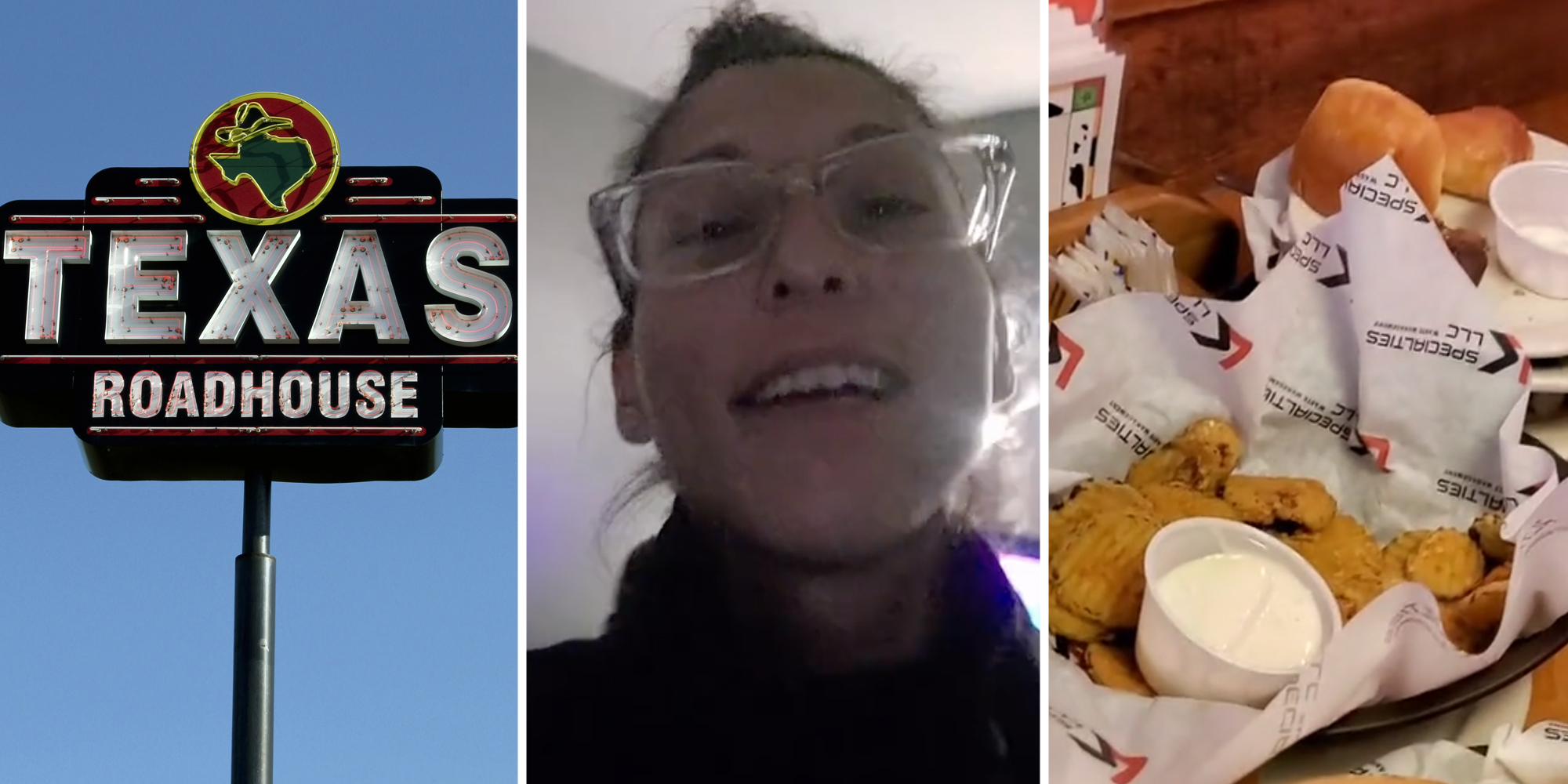 Texas Roadhouse sign(l), Woman talking(c), Dishes(r)