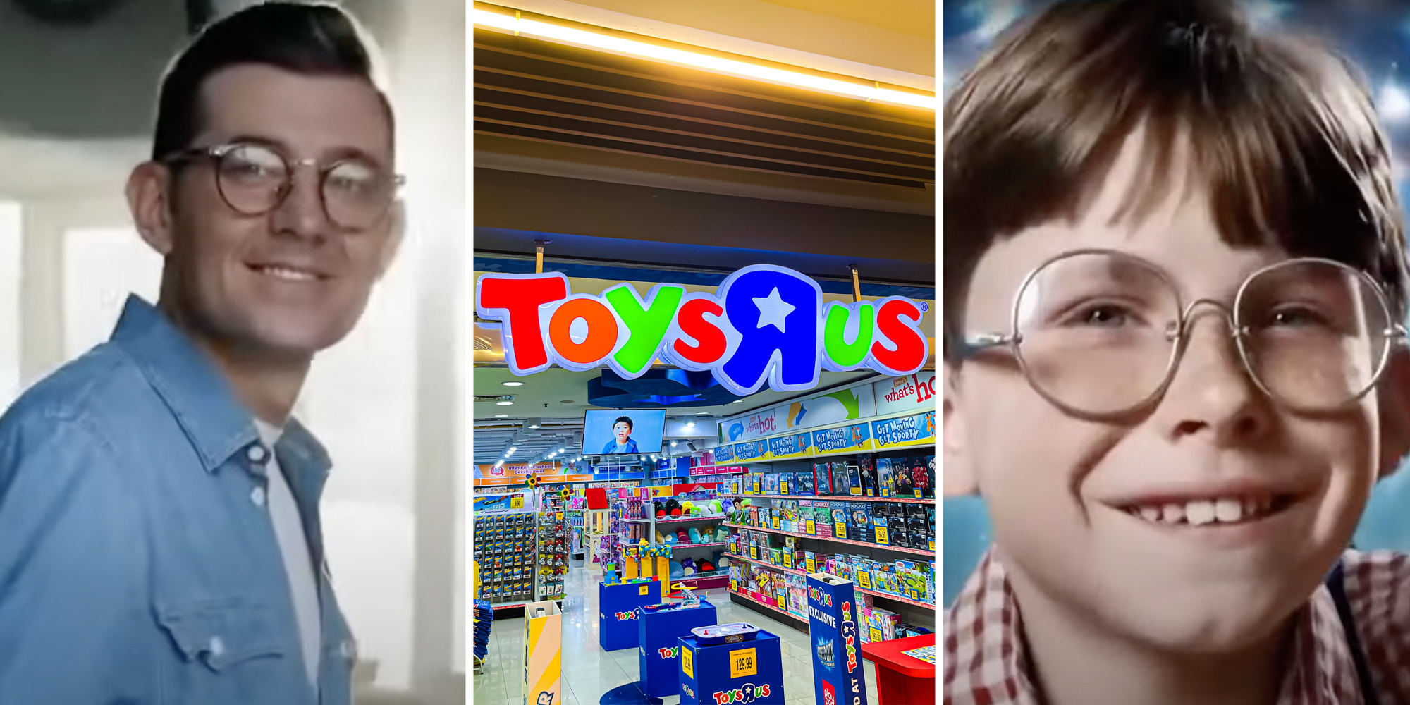 Man smiling(l), Toys R us(c), Boy smiling(r)