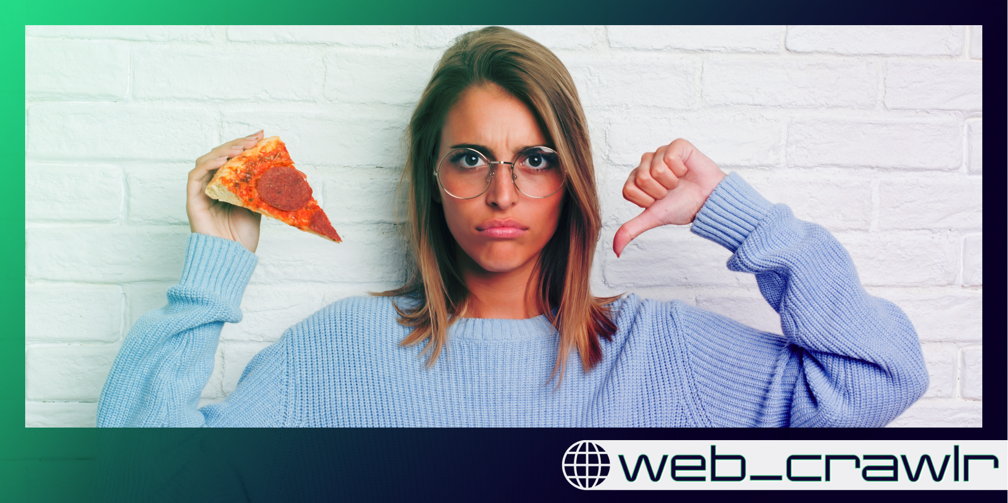 A person holding a pizza and doing a thumb down. The Daily Dot newsletter web_crawlr logo is in the bottom right corner.