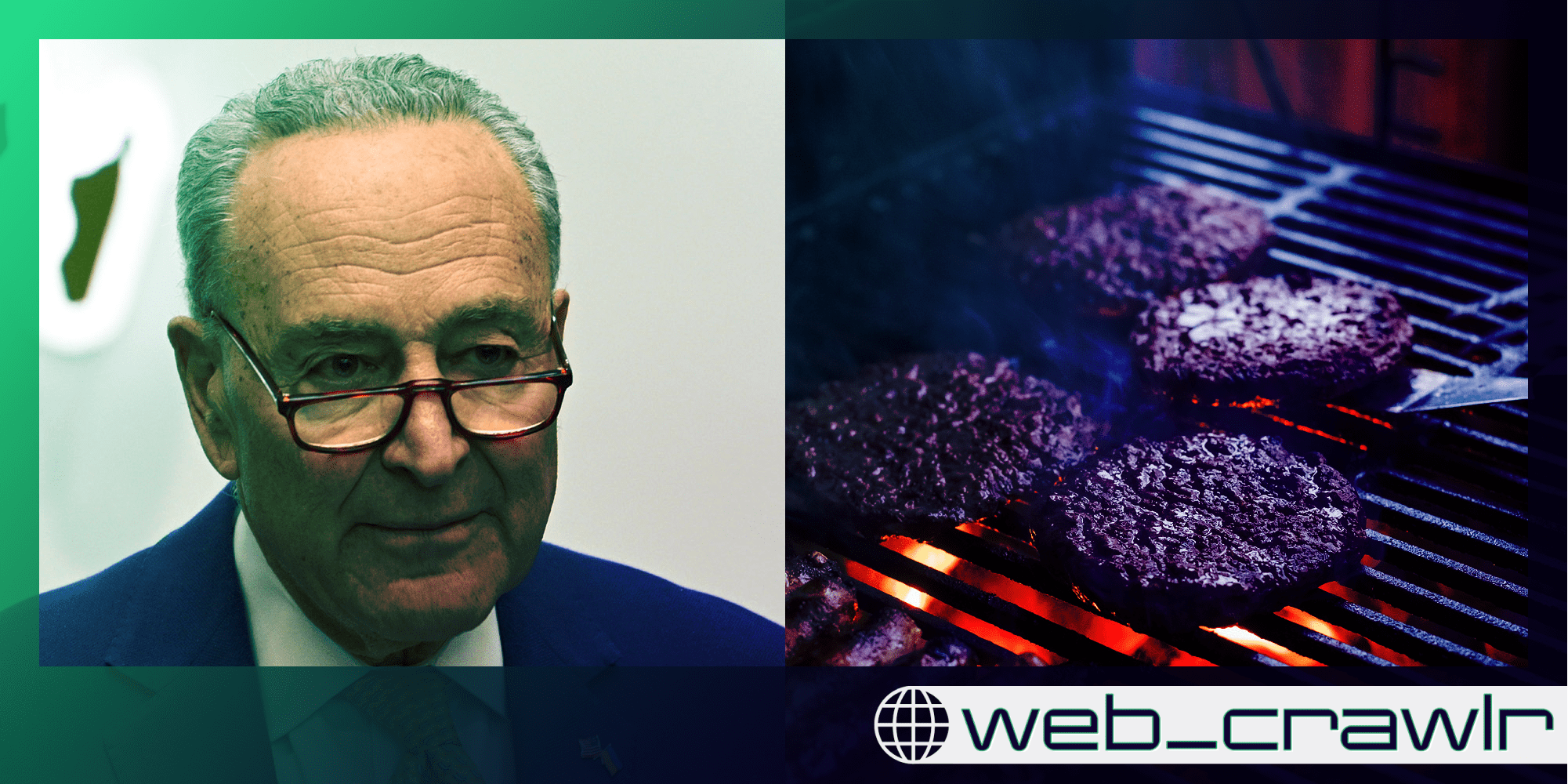 Chuck Schumer next to burgers on a grill. The Daily Dot newsletter web_crawlr logo is in the bottom right corner.