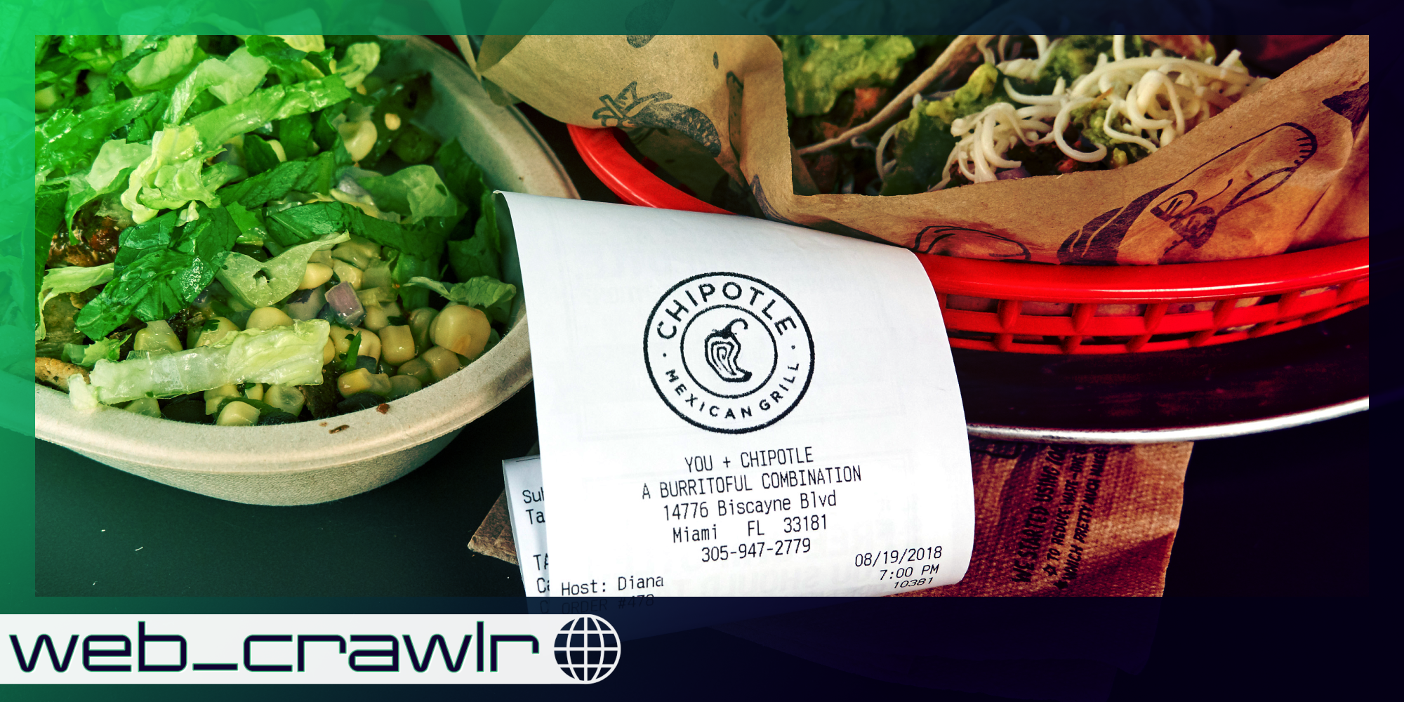 Two Chipotle bowls with a receipt in the middle. The Daily Dot newsletter web_crawlr logo is in the bottom left corner.