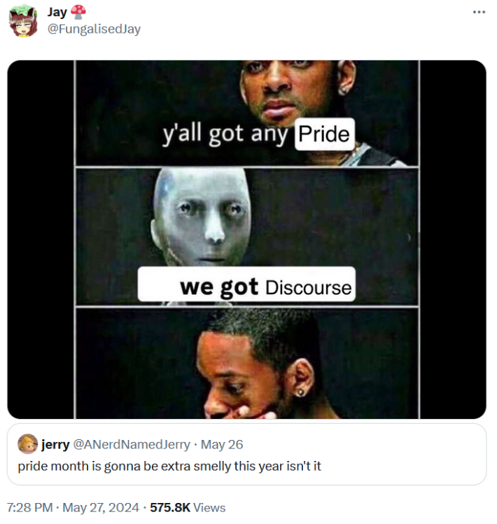 y'all got any fun meme with the robot replying "we got discourse"