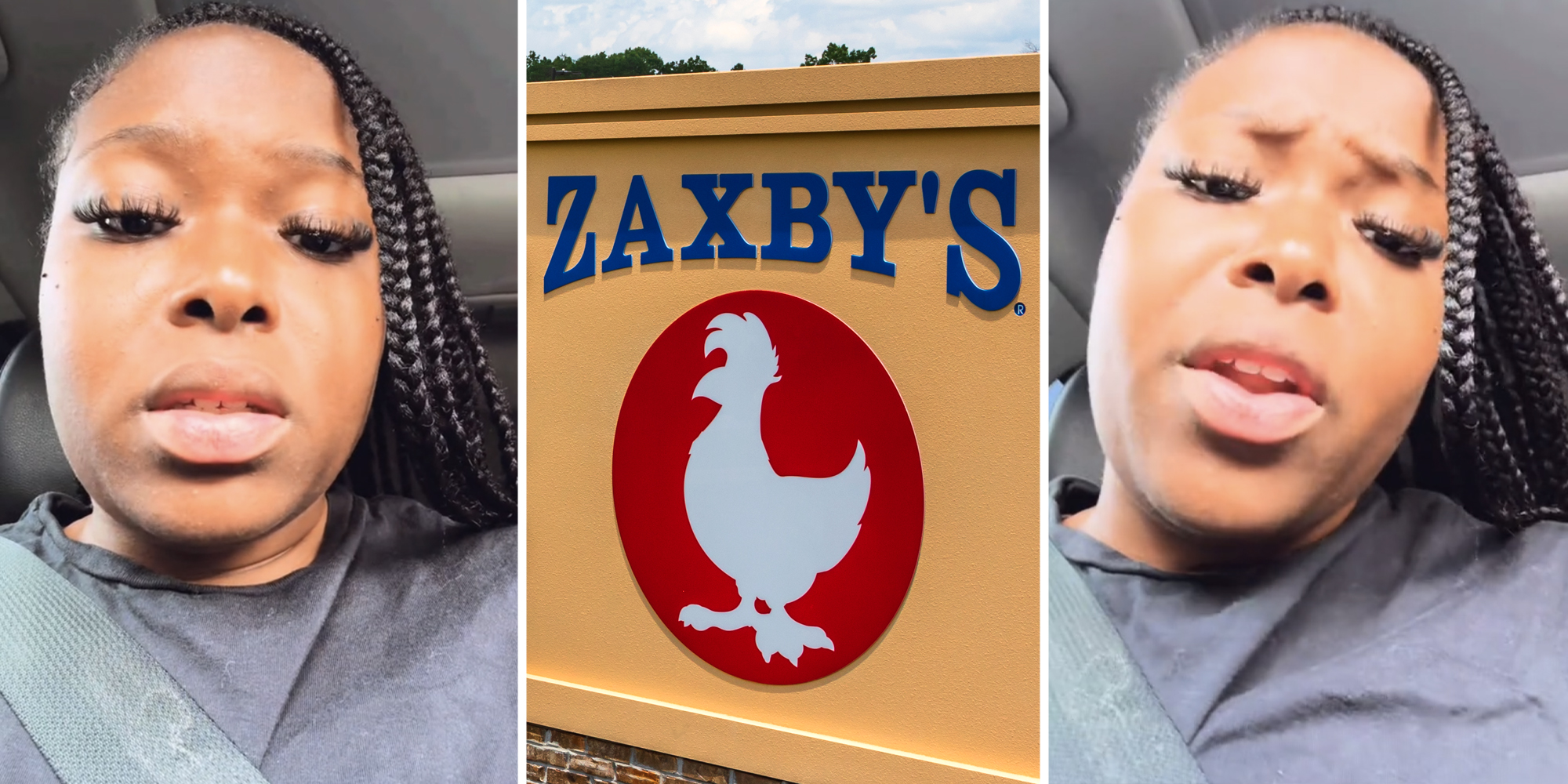 Woman talking(l+r), Zaxby's sign(c)