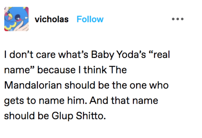 Glup shitto post about baby yoda on Tumblr by user Vicholas