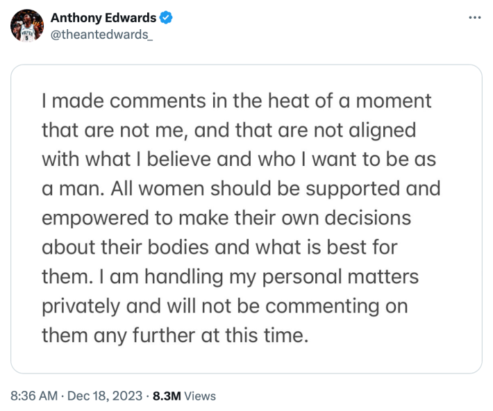 Anthony Edwards apology on December 18, 2023 in response to the send da video leak