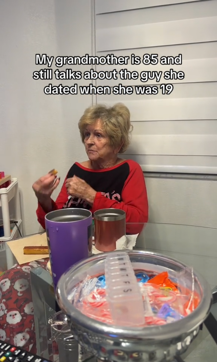 19 theory tiktok: An old woman gesturing while telling a story. Text overlay reads, "My grandmother is 85 and still talks about the guy she dated when she was 19."