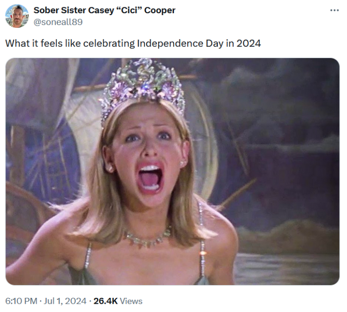 4th of july meme with screaming beauty queen under caption "what it feels like celebrating independence day in 2024"