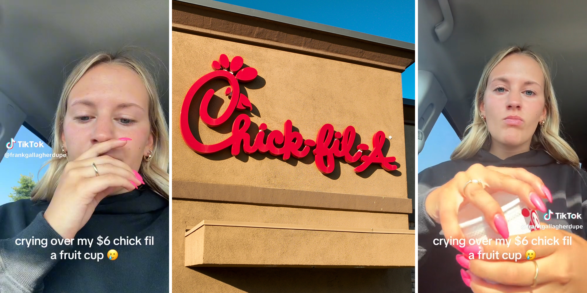 young woman in car with caption "crying over my $6 chick fil a fruit cup" (l&r) chick-fil-a sign (c)