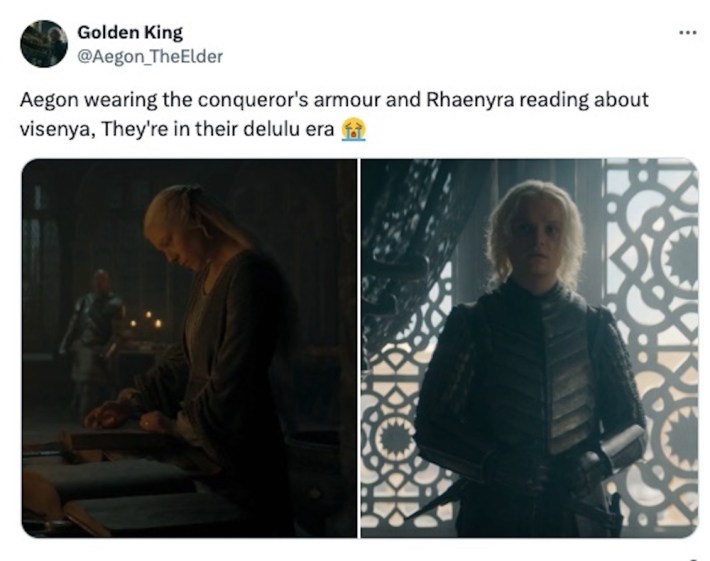Delulu meme from HBO show 'House of the Dragon' showing screenshots of Rhaenyra next to Aegon below a caption reading: "Aegon wearing the conqueror's armor and Rhaenyra reading about Visenya, they're in their delulu era"