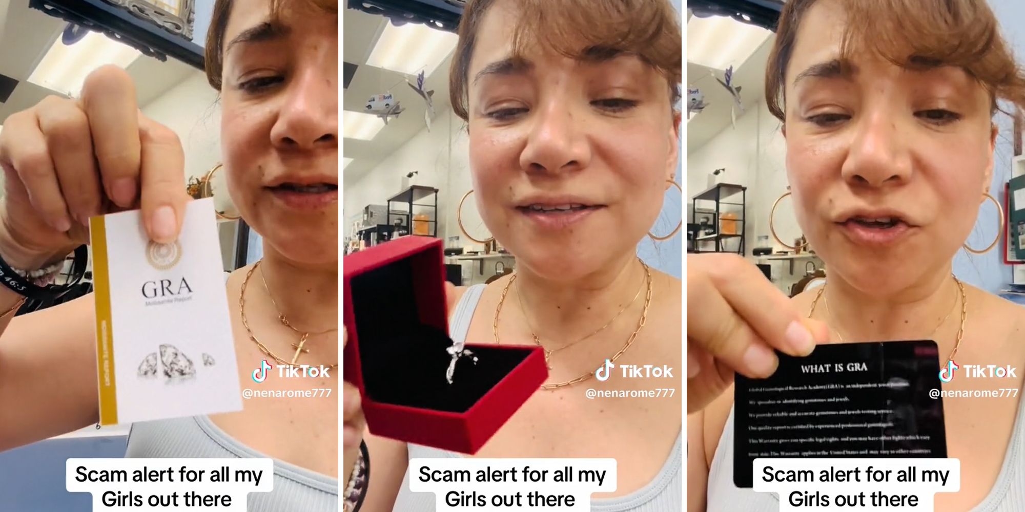 woman holding pamphlet, ring box, and card, all with caption "Scam alert for all my girls out there"