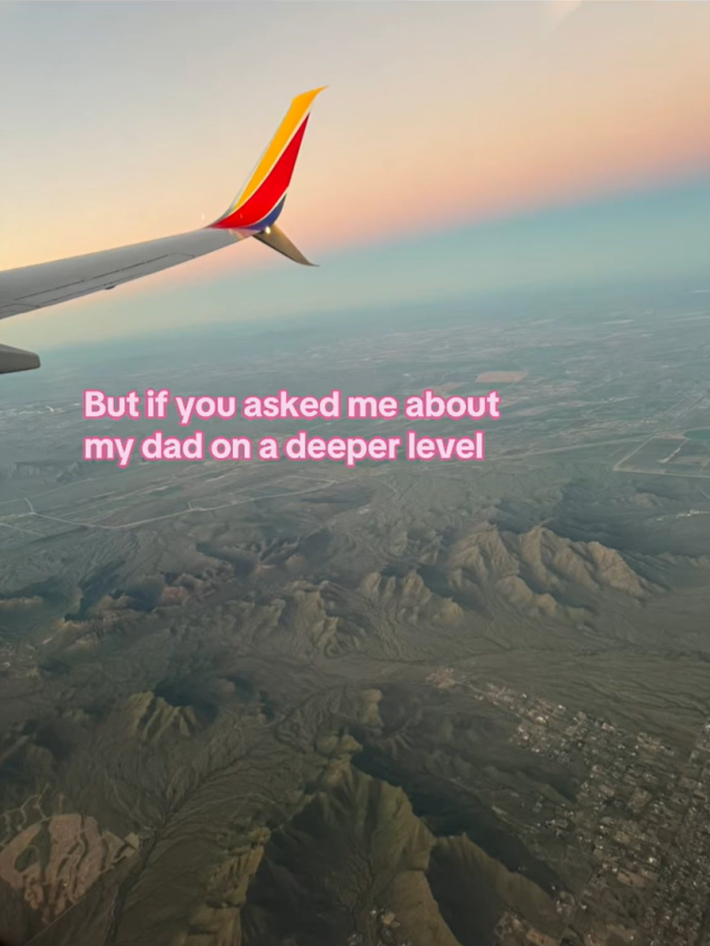 Photo out the window of an airplane. Text overlay reads, "But if you asked me about my dad on a deeper level"