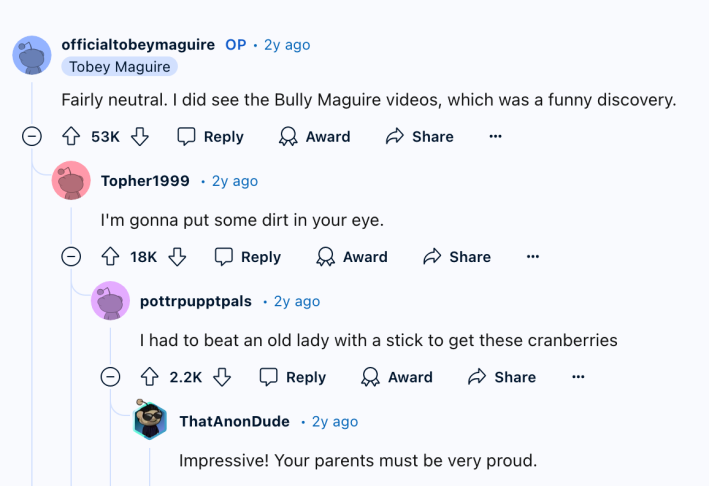 Toby Maguire comment on Bully Maguire during Reddit AMA