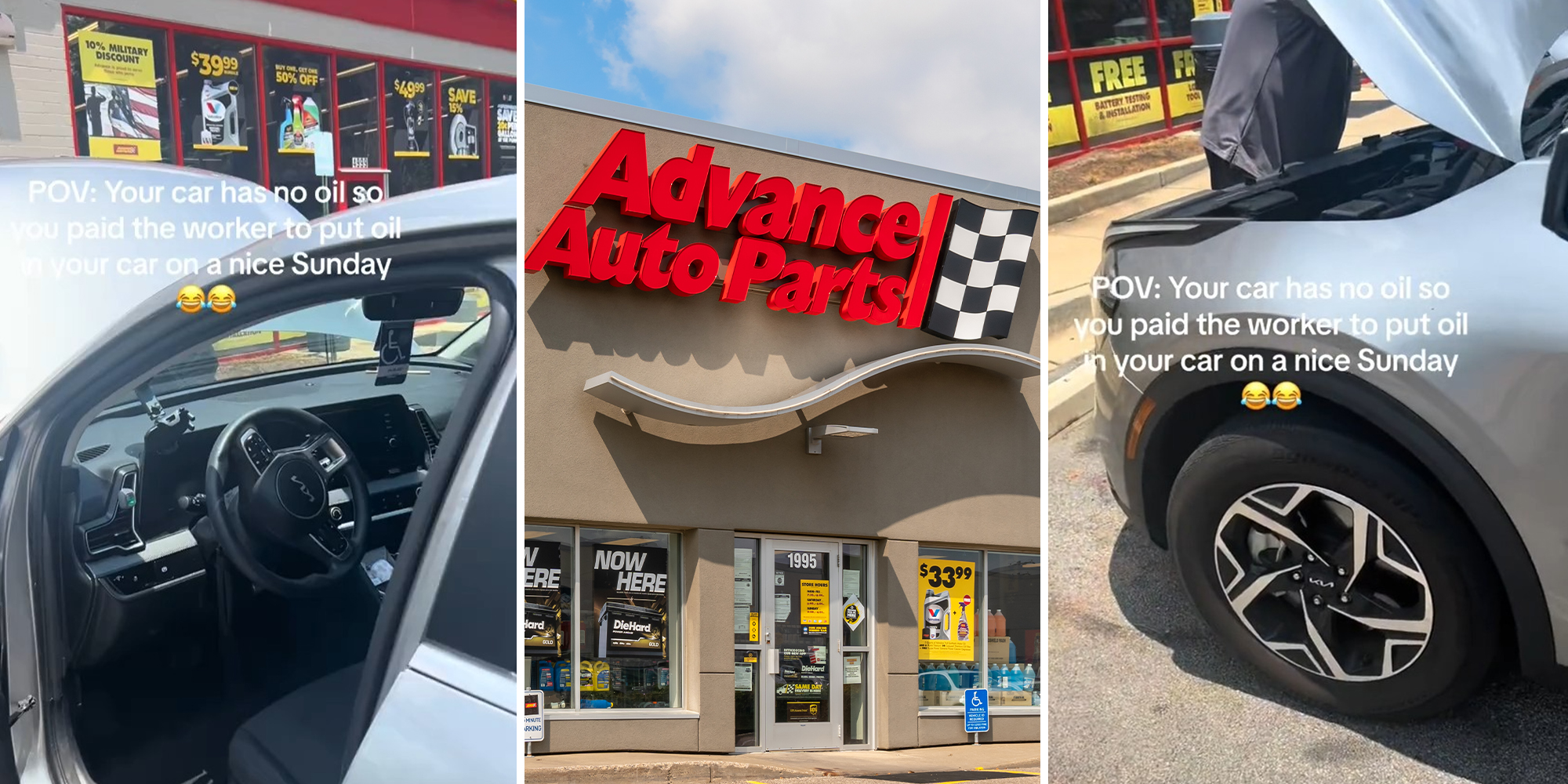 Kia driver needs oil change so bad she goes to Advance Auto Parts