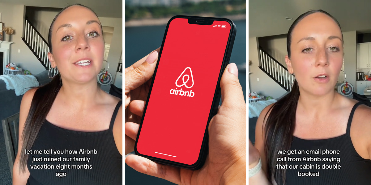 woman speaking with caption "let me tell you how Airbnb just ruined our family vacation eight months ago" (l) hand holding phone with Airbnb on screen (c) woman speaking with caption "we get an email phone call from Airbnb saying that our cabin is double booked" (r)