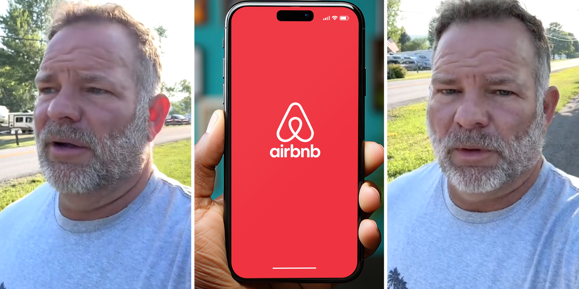 Man talking(l+r), Hand holding phone with airbnb app open(c)