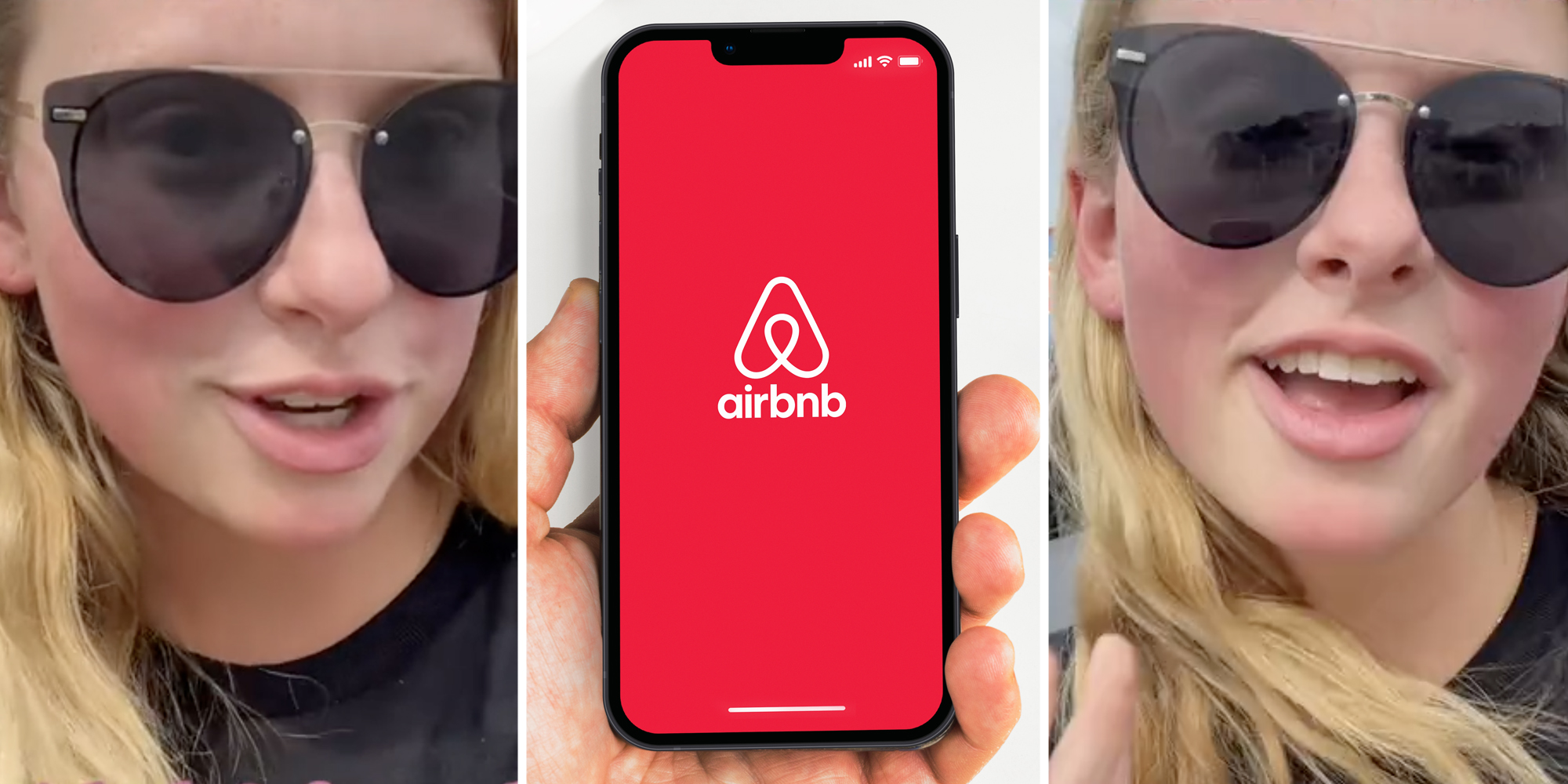 Woman talking(l+r), Airbnb app on phone held by hand(c)