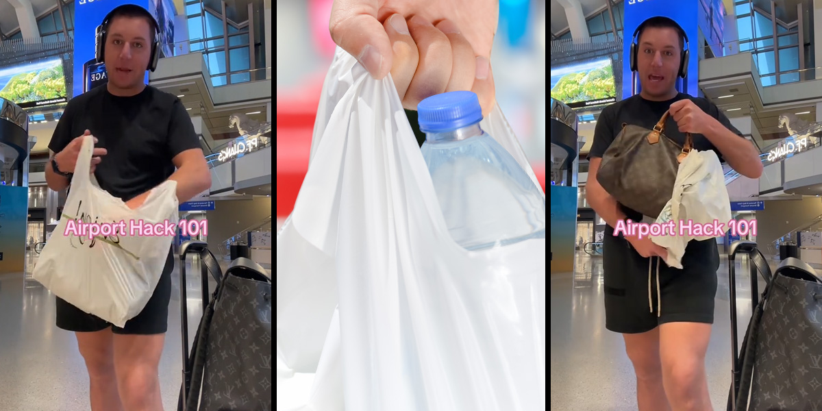 man with bags in airport with caption "Airport Hack 101" (l) man with bag in hand (c) man with bags in airport with caption "Airport Hack 101" (r)